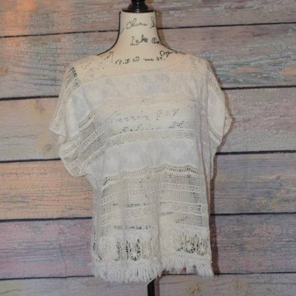 Democracy Tops - Victorian Short-Sleeve Cream Crochet Top Off-White Peasant Hippy Hippie 1X 2X